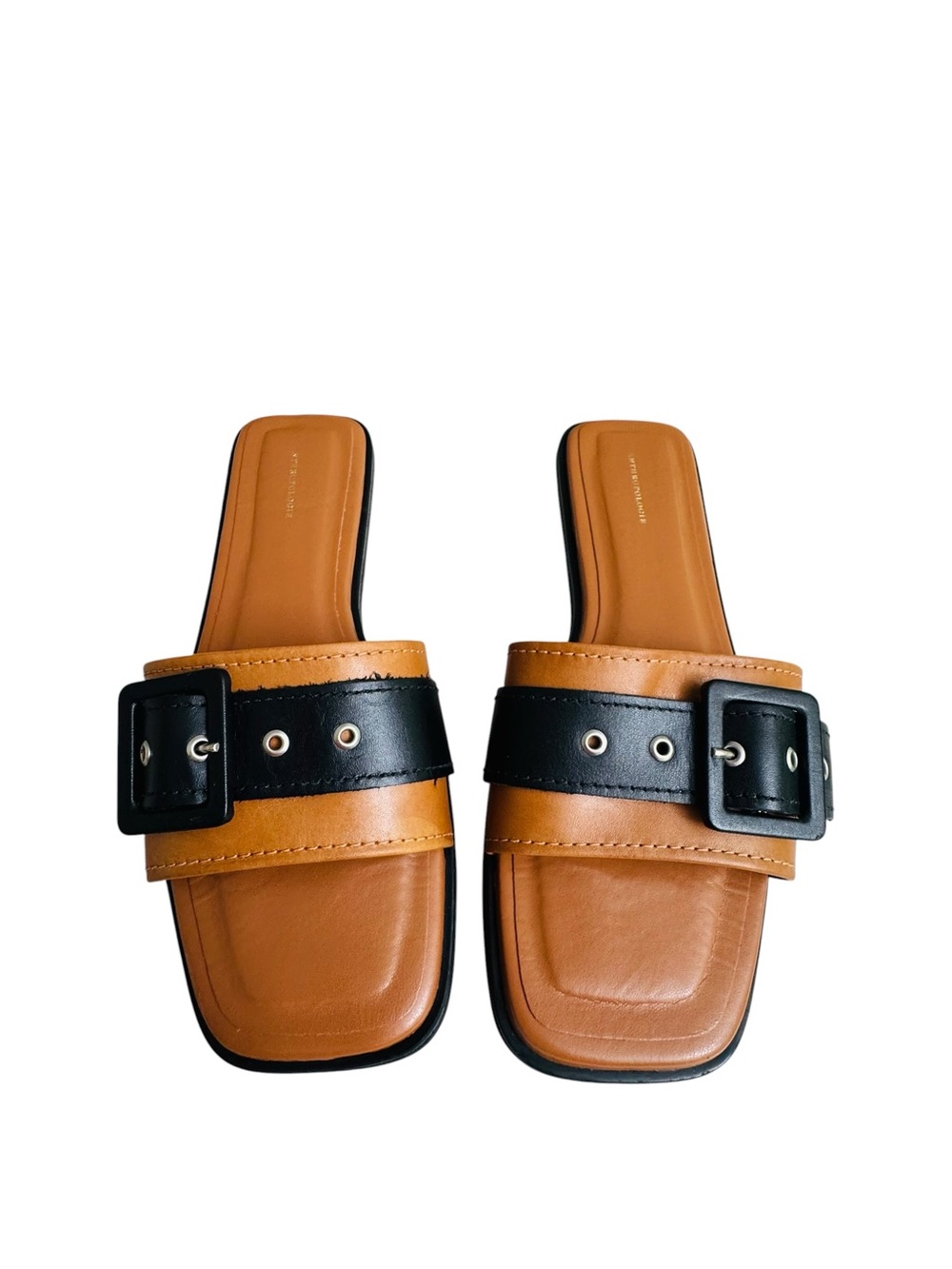 Anthropologie Women’s Buckle Slide Sandals Tan Black EU 38 Leather Look